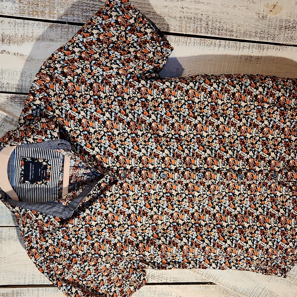 Denim & Flower Men's Floral Button Down Shirt - Navy, White, Orange - S